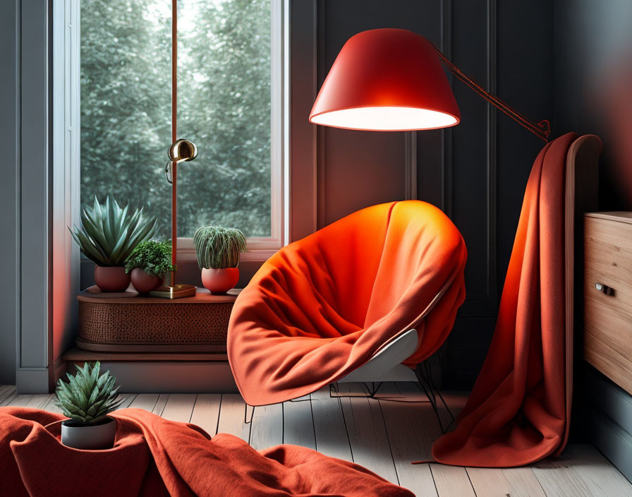 Vibrant orange armchair, red lamp, plants in cozy reading nook