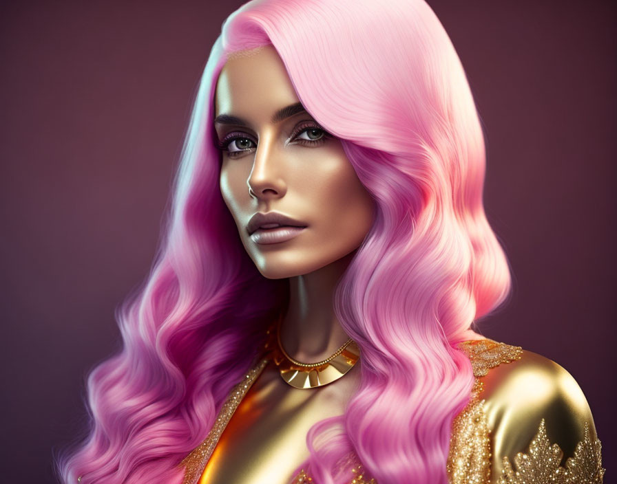 Vibrant pink wavy hair, olive skin, striking makeup - portrait of a woman in golden