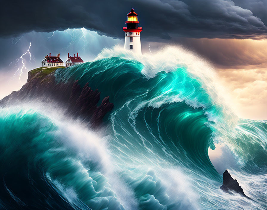 Lighthouse on Cliff Facing Turquoise Waves and Lightning