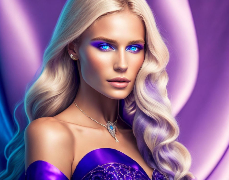 Digital artwork: Woman with blonde hair, blue eyes, purple dress, swirling backdrop