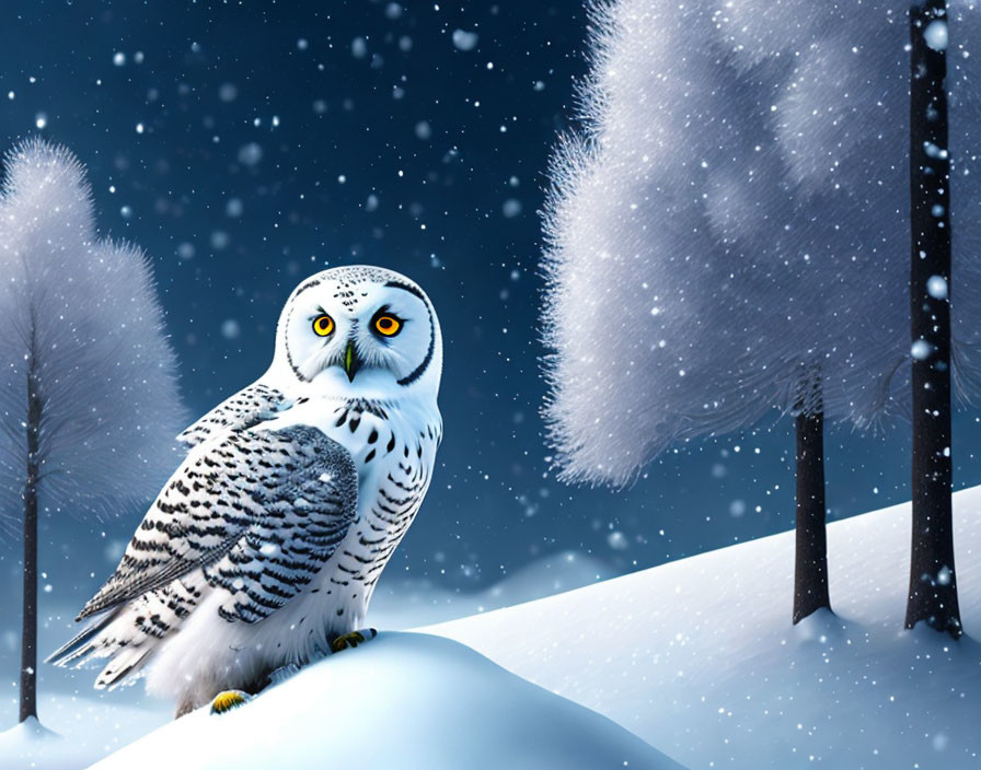 Snowy Owl Perched on Snowy Mound Amid Falling Snowflakes