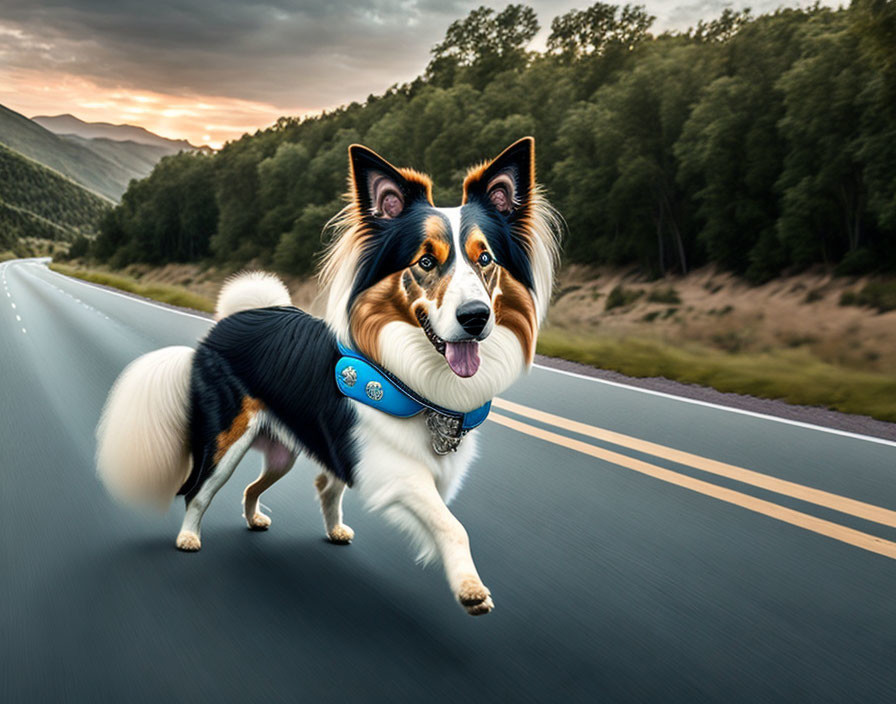 Tricolor Rough Collie Dog Running on Empty Road