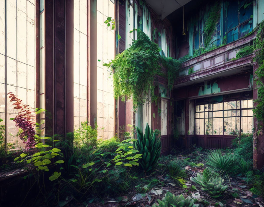 Abandoned interior reclaimed by plants and vines.