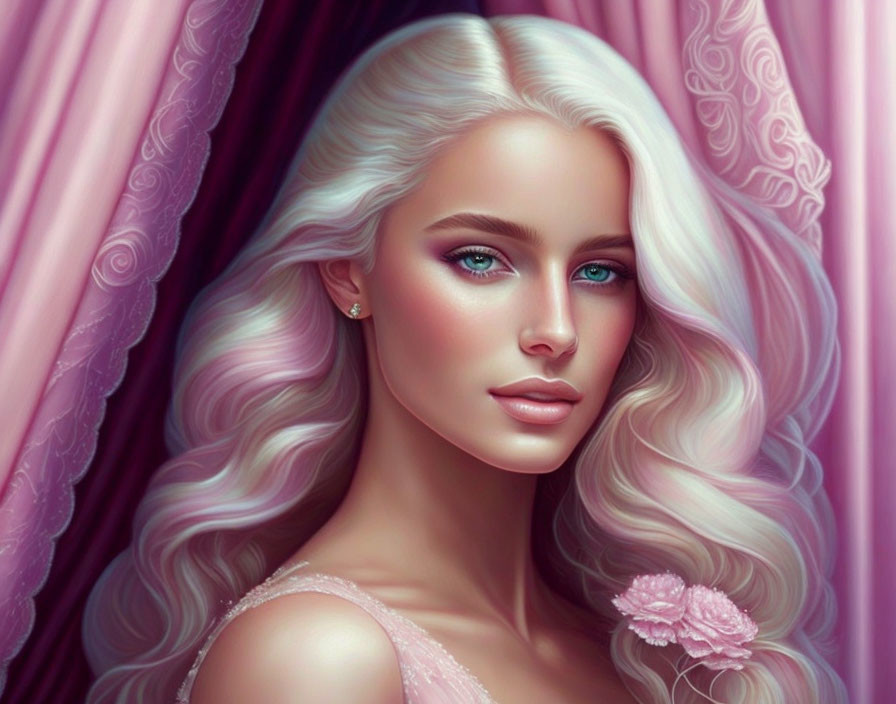 Digital artwork of woman with white hair and blue eyes in pink dress