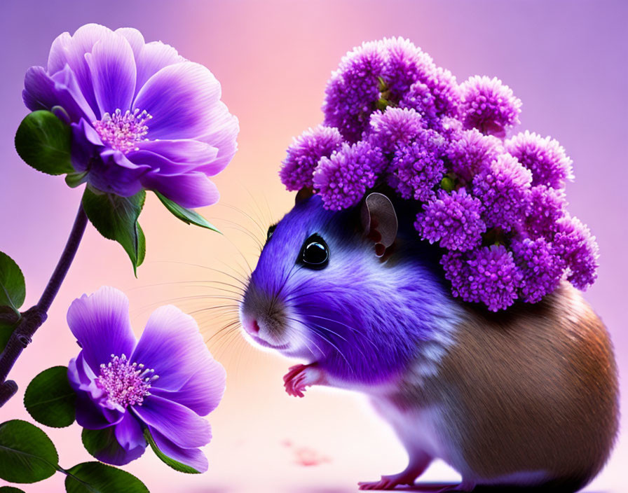 Whimsical purple mouse with flower hat on soft background