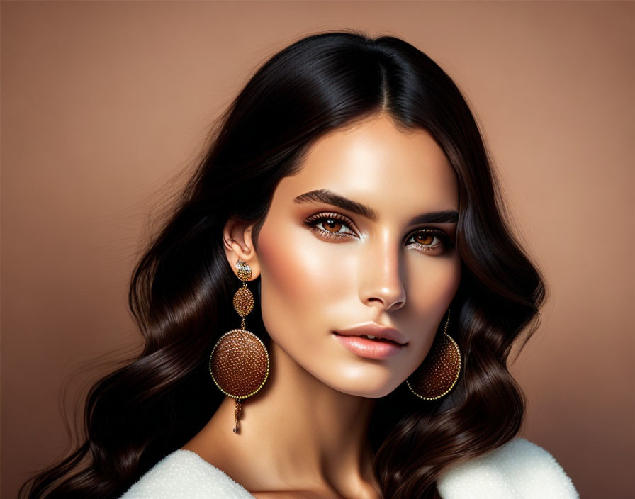 Brunette woman with circular earrings on warm background