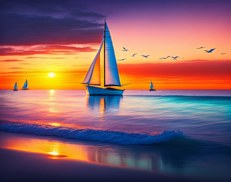 Colorful sunset over calm sea with sailboats and birds.