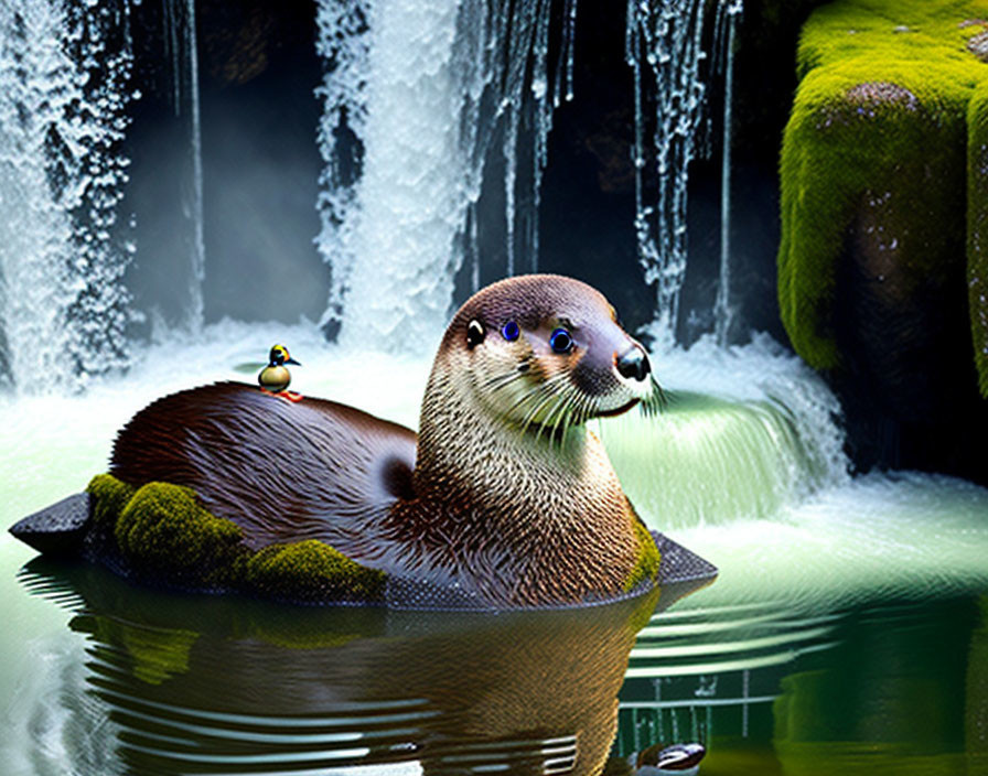 Otter and Duck on Water with Frozen Waterfall and Mossy Rocks