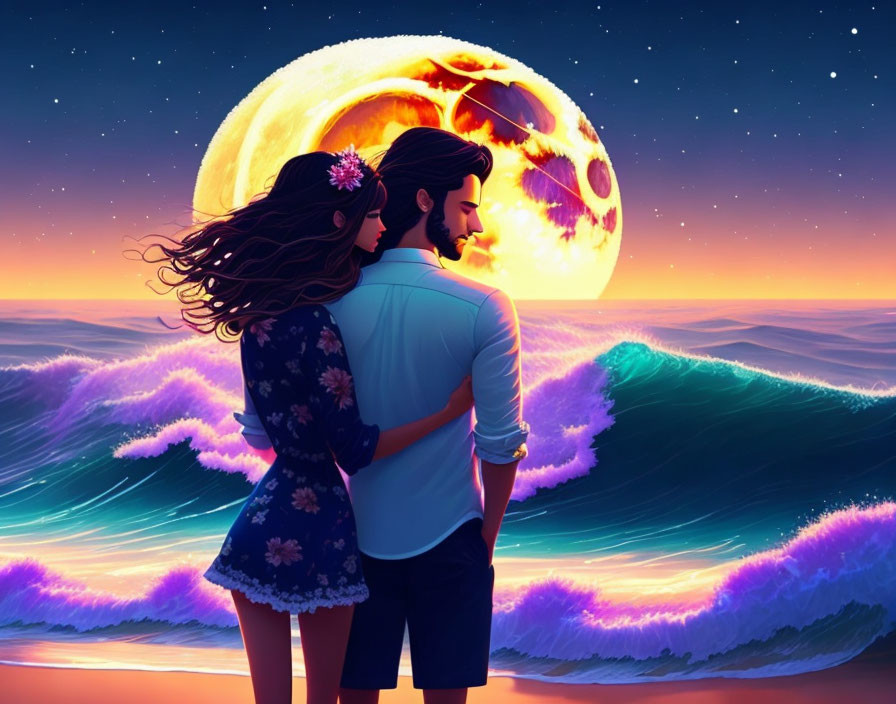 Romantic couple embraces under large colorful moon by the sea