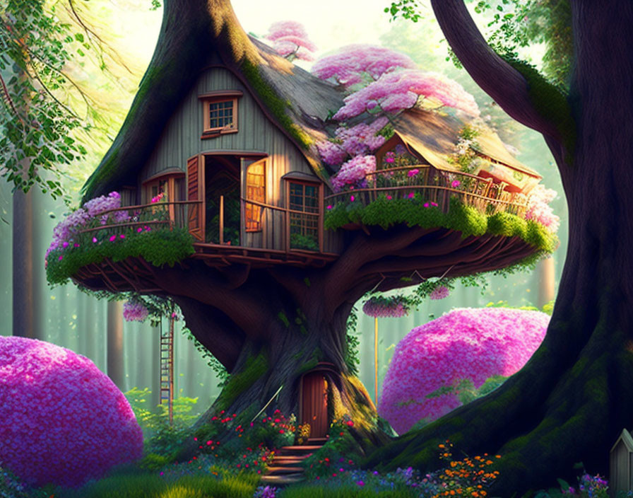 Enchanting treehouse surrounded by pink flowering bushes in a magical forest