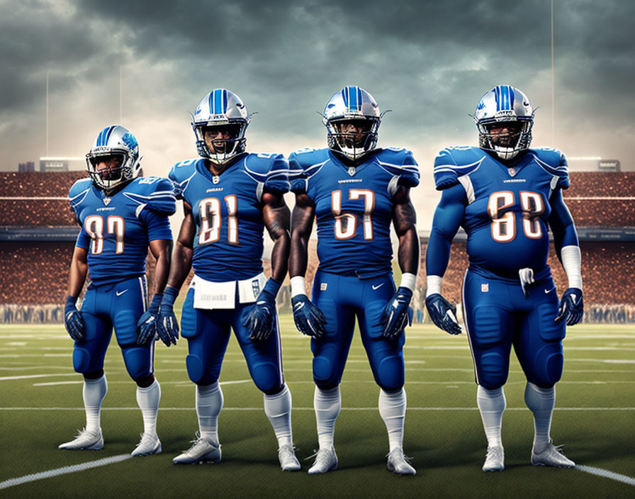 Four American Football Players in Blue and Silver Uniforms on Field with Stadium Background