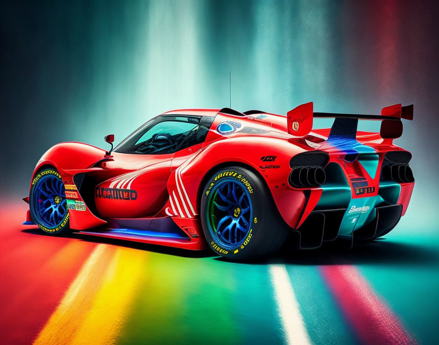 Colorful Race Car Image with Red Base and Blue Wheels