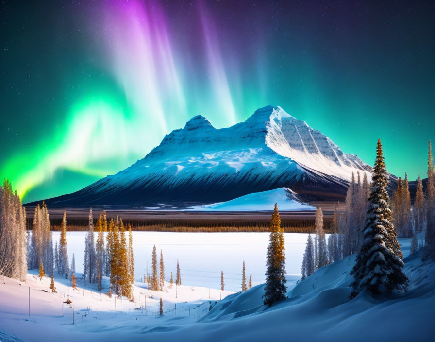 Vibrant aurora borealis over snowy mountain, pine trees, and lake