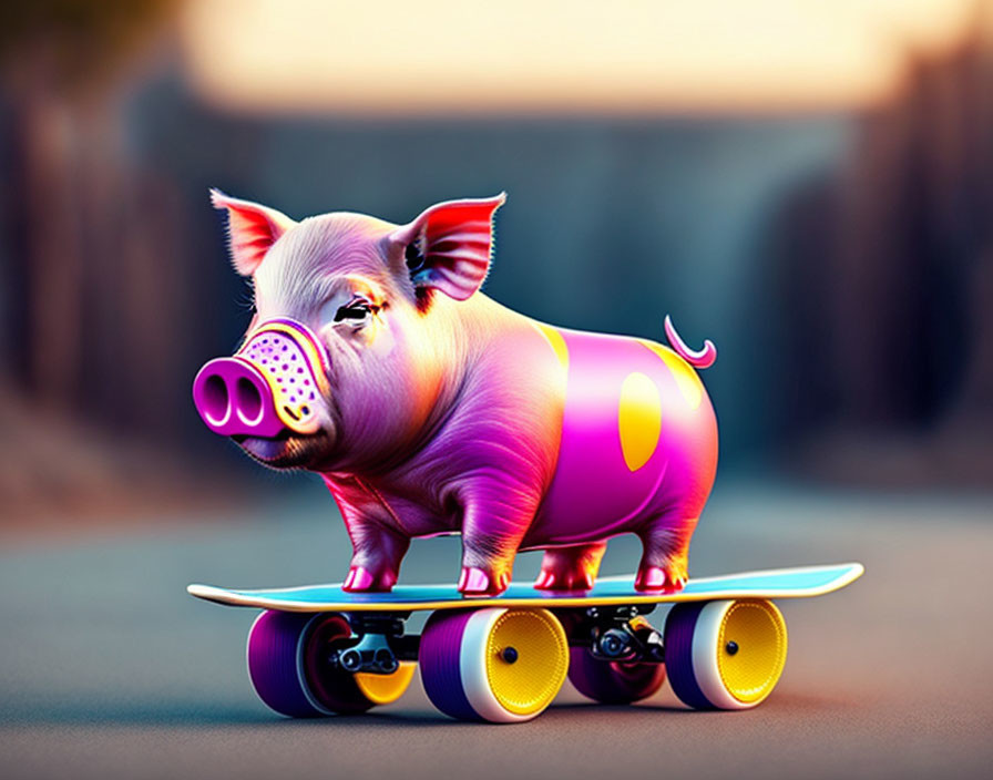 Colorful Pink Pig with Yellow Spots on Skateboard in Blurred Road Setting