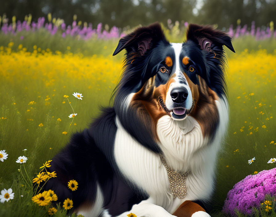 Tricolor Australian Shepherd Dog in Vibrant Wildflower Field