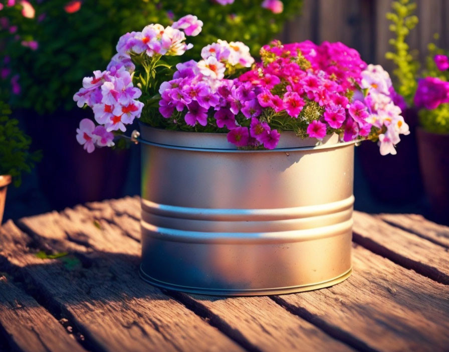 Metal container with pink and white flowers on wooden surface in warm light