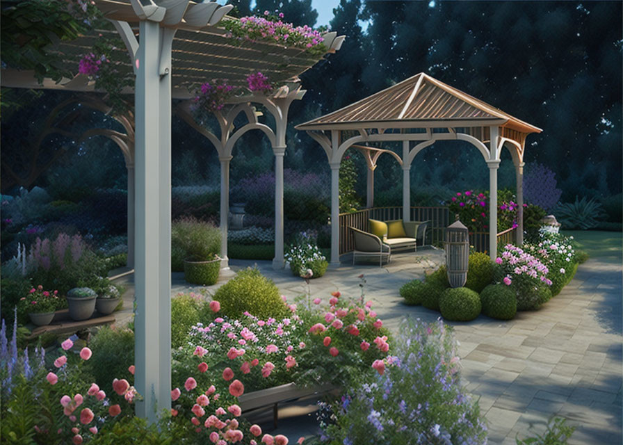 Tranquil night garden with gazebo, benches, flowering plants, and starry sky