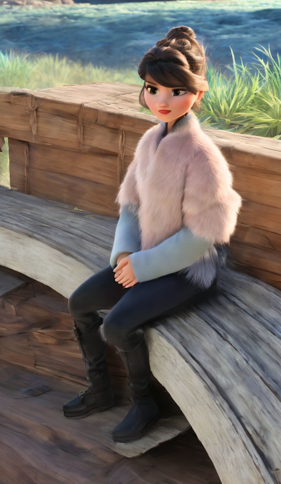 Short-haired animated female character in fur vest, blue top, and black pants on wooden bench in natural