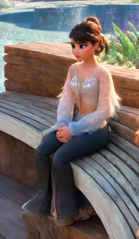 Brown-haired female character in glittery top and black boots on wooden bench