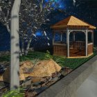 Tranquil night garden with gazebo, benches, flowering plants, and starry sky