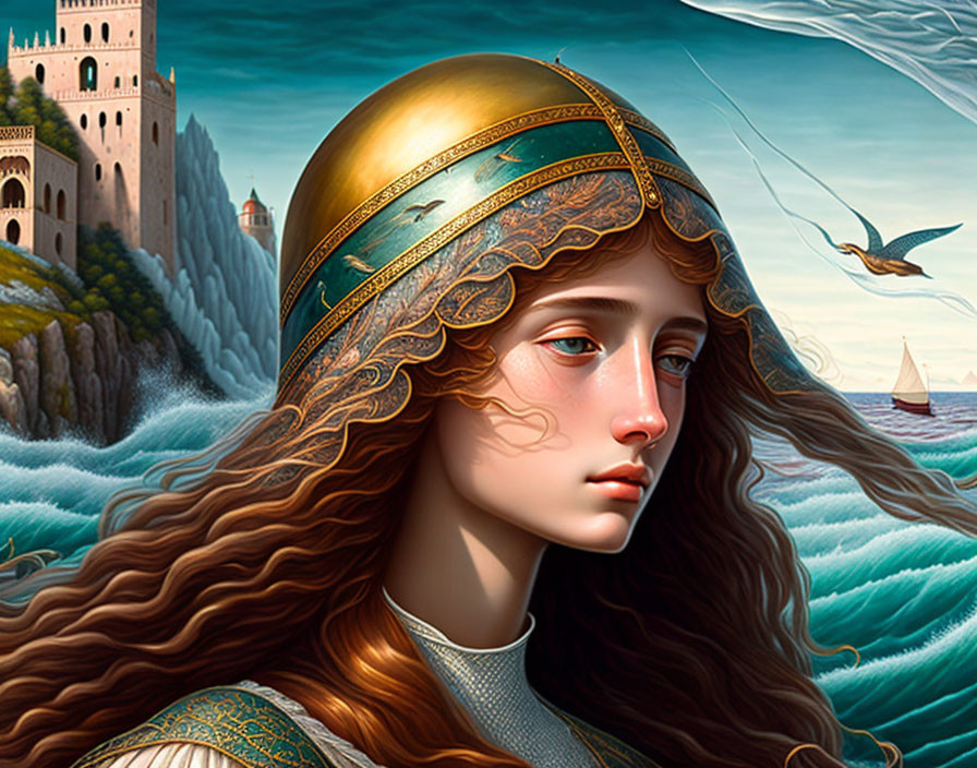 Detailed Artwork: Woman with Red Hair & Gold Headdress by Coastal Castle & Bird