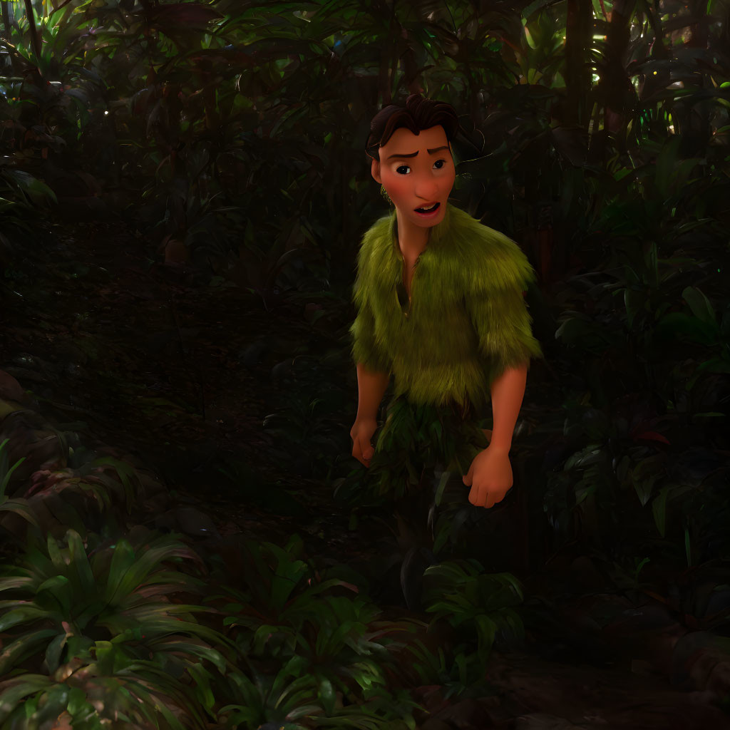 Surprised animated character in green outfit in jungle setting