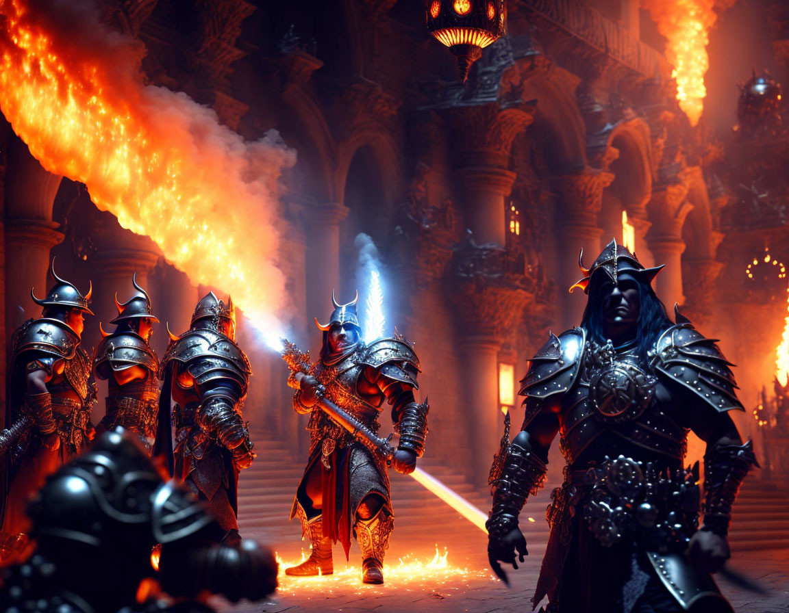 Armored knights with flaming weapons in grand fiery hall led by glowing figure