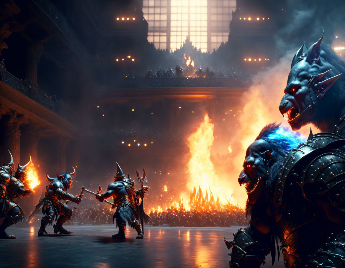 Fantasy warriors in wolf-like helmets in fiery arena.