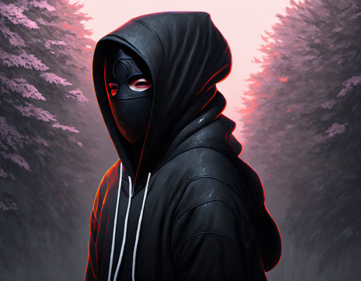 Hooded figure with masked face in misty red forest