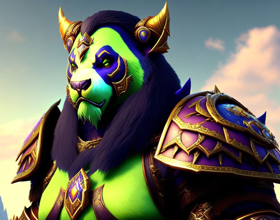 Green-Maned Lion Character in Golden Armor Under Cloudy Sky