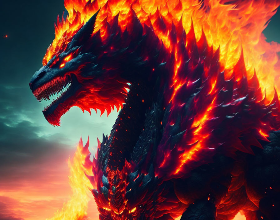 Majestic dragon with red eyes and fiery scales in front of dramatic sky