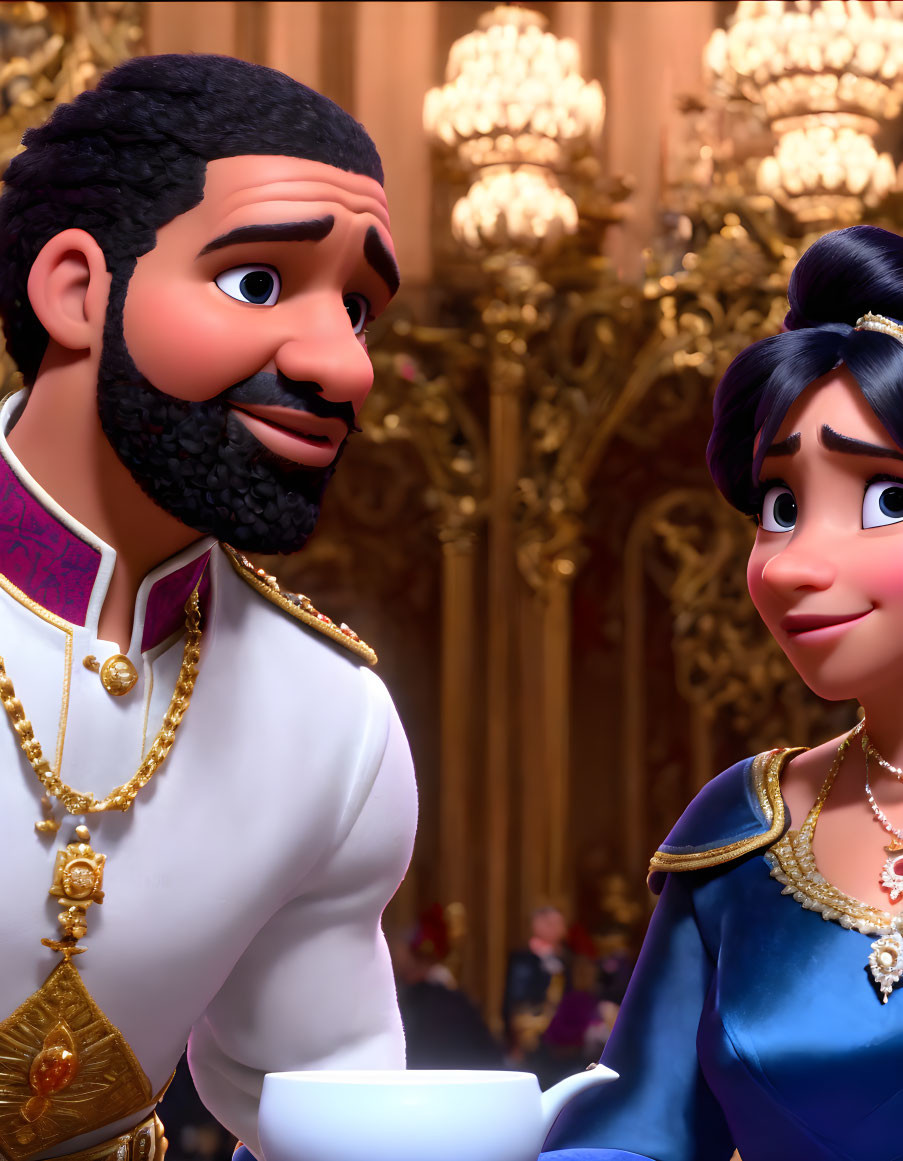 Animated characters in white and blue outfits sharing a curious glance.