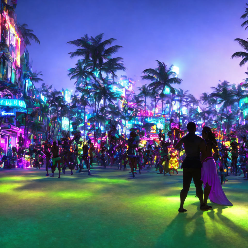 Colorful night street party with neon lights, palm trees, and dancing people.