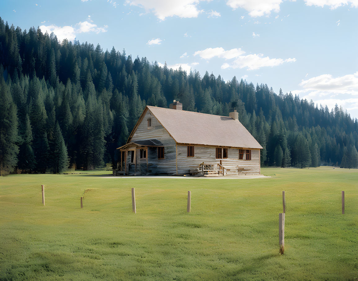 Wooden Cabin with Porch in Meadow Surrounded by Pine Forests