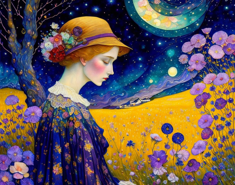 Illustration: Woman in floral hat in flower field under starry sky