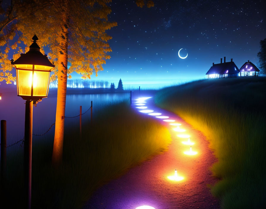 Nighttime landscape with lit path, glowing lantern, house, starry sky, crescent moon