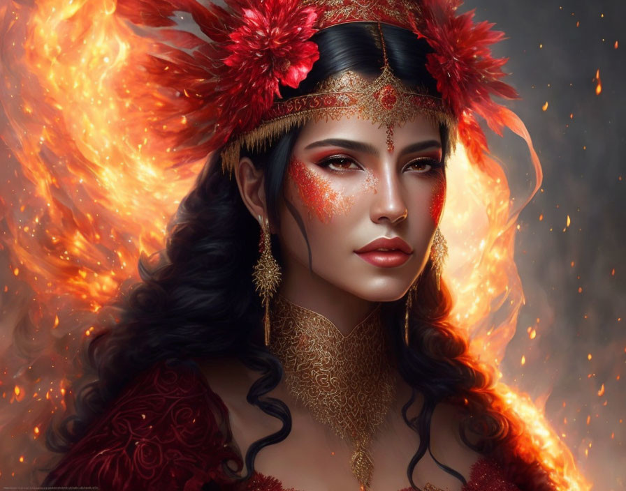 Illustrated woman in red with feathered headdress and golden jewelry