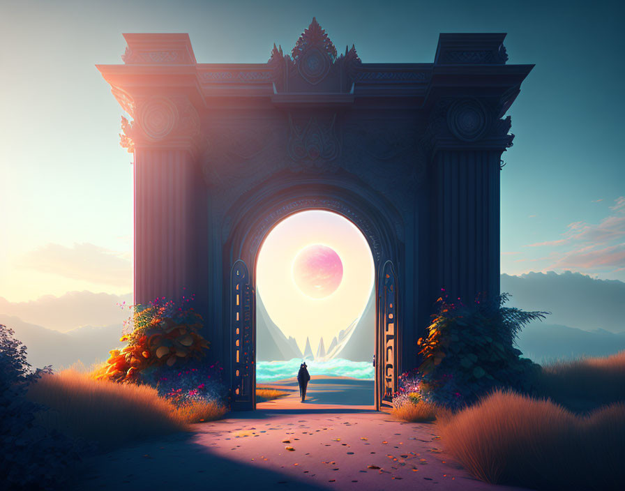 Person gazes at ornate gate in fantastical landscape with glowing moon and vibrant flora