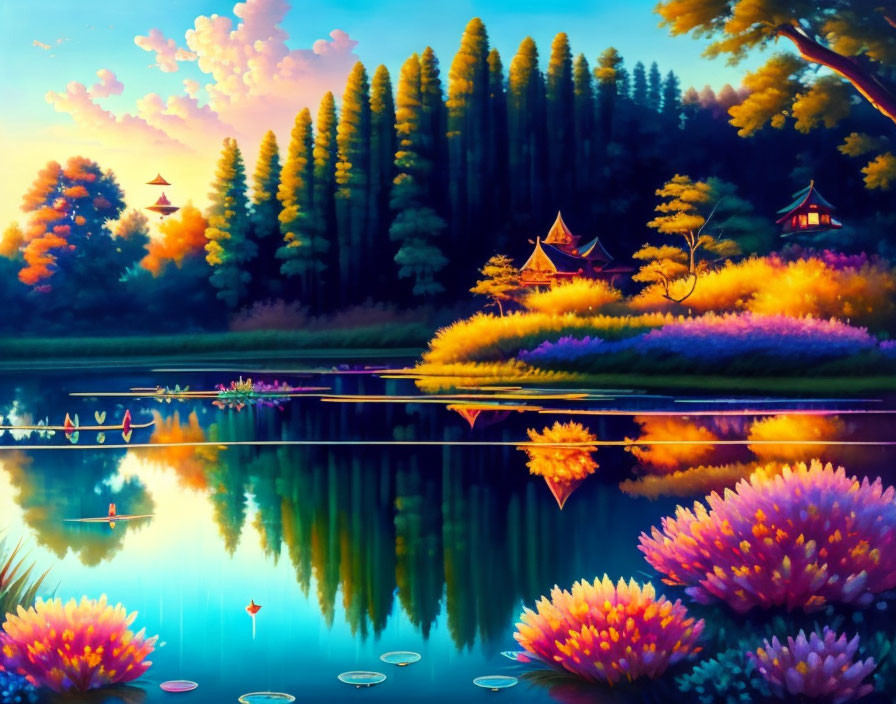 Colorful landscape painting with reflective lake, lush trees, pagodas, and sunset sky