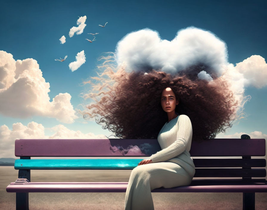 Curly-Haired Woman on Bench Under Surreal Sky