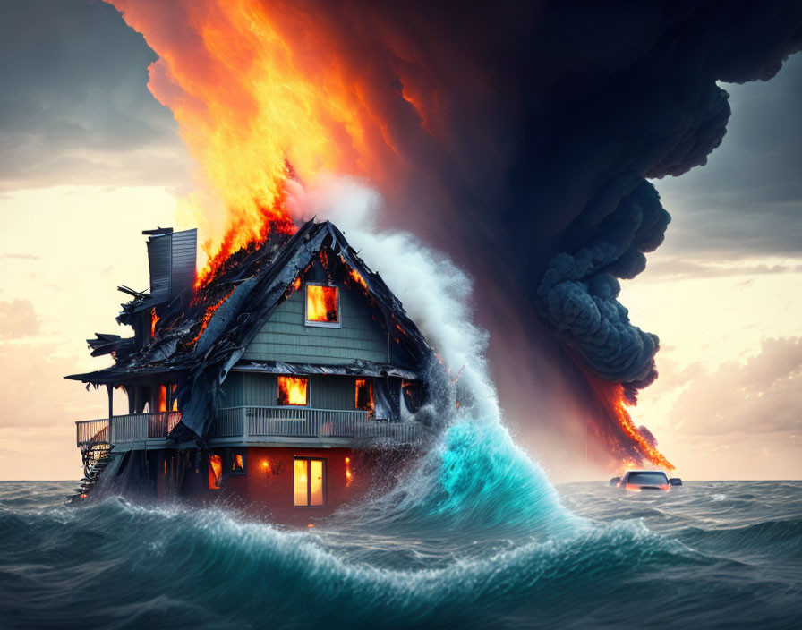 Flaming house by volcanic eruption near stormy ocean