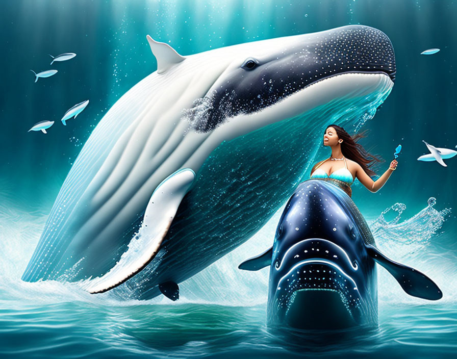 Woman riding whale with flying fish in dreamy underwater scene