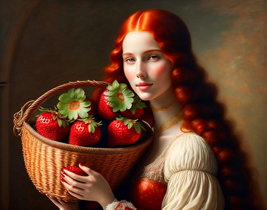 Woman with Red Hair Holding Basket of Strawberries in Painting