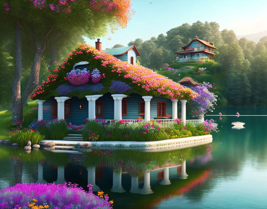 Scenic Lakeside Cottages with Vibrant Flowers