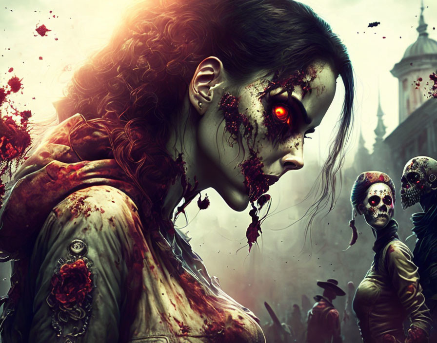 Zombie-like woman with red eye in eerie scene