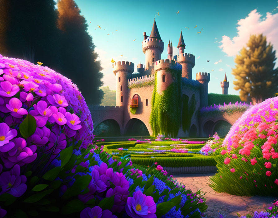 Majestic castle with turrets in lush garden at sunrise