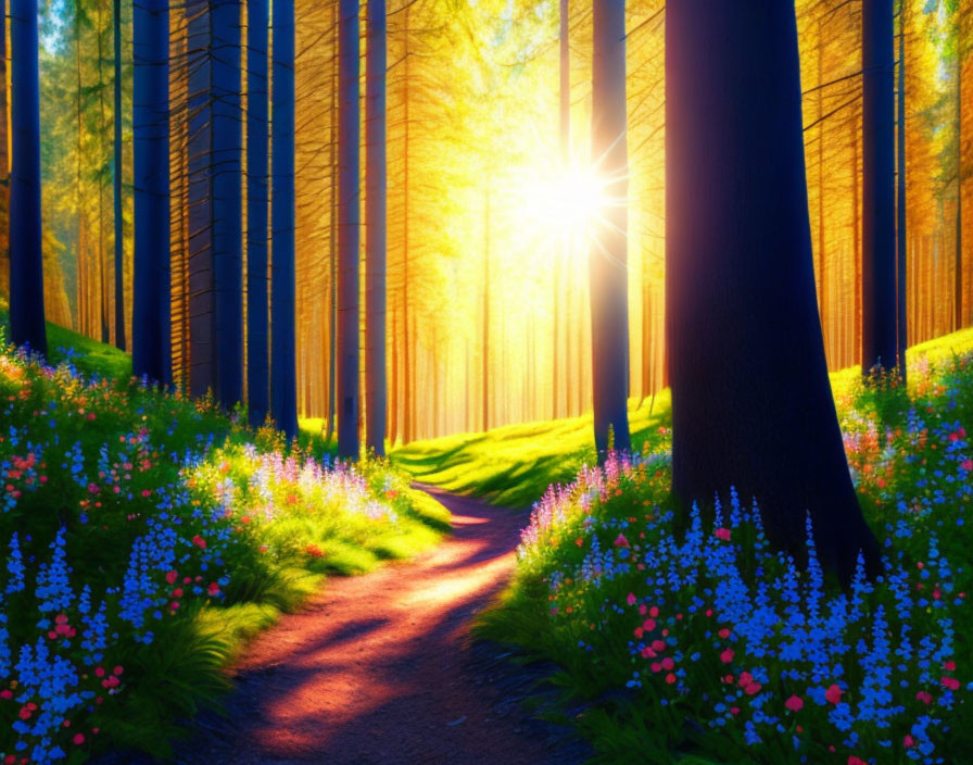 Tranquil Forest Path with Tall Trees and Wildflowers at Sunset