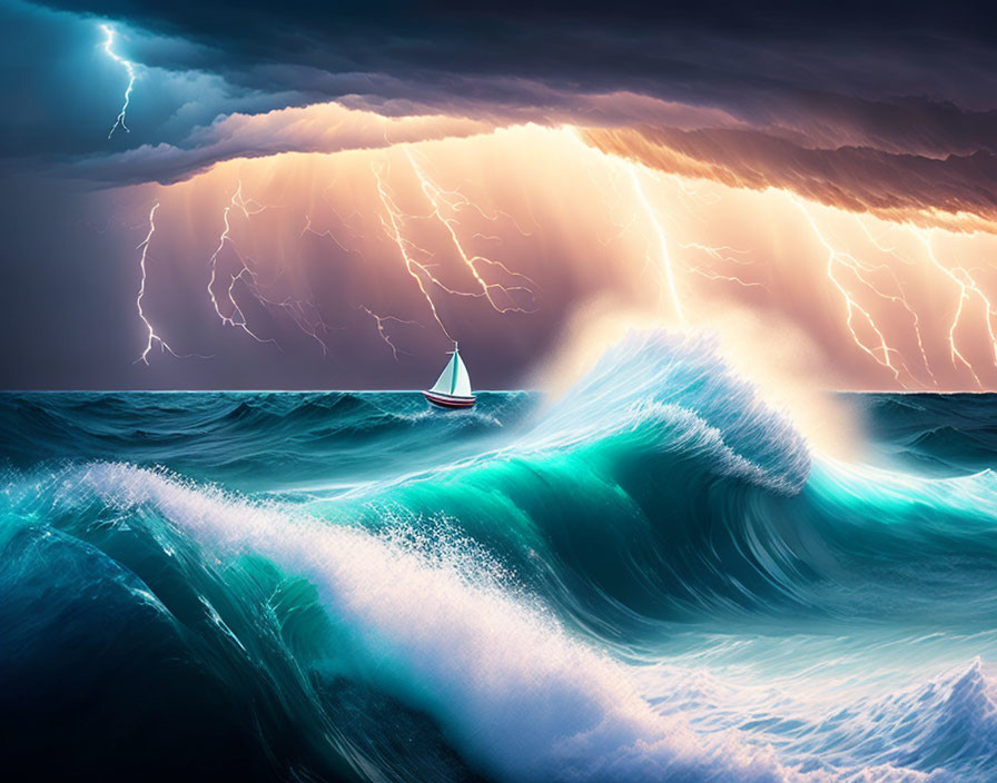 Sailboat in stormy seas with lightning strikes