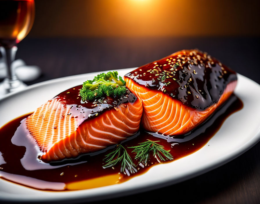 Glazed salmon and broccoli with wine on white plate