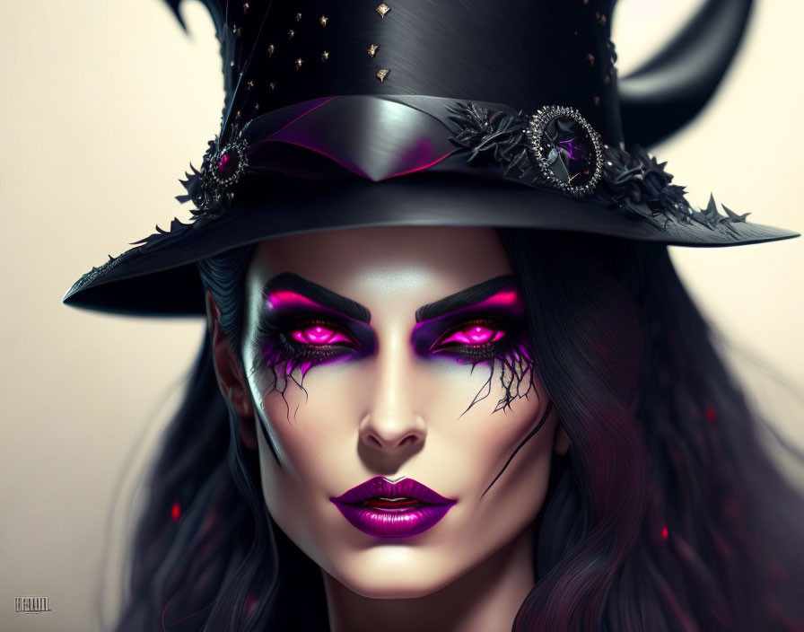 Digital artwork featuring person with vibrant purple makeup, pointed ears, and decorative hat.